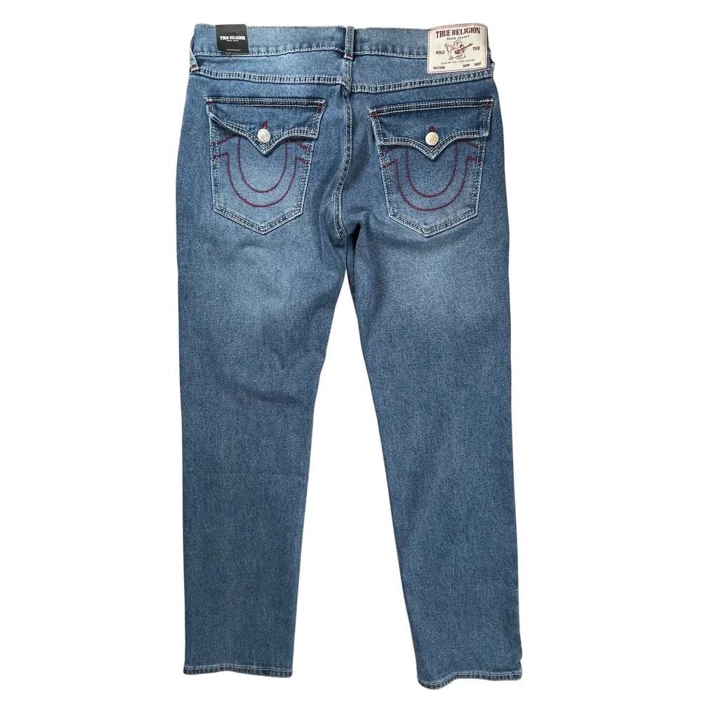 New True Religion Geno Big T Flap Jeans Men 33 Blue Relaxed Slim Red Stitch NWT